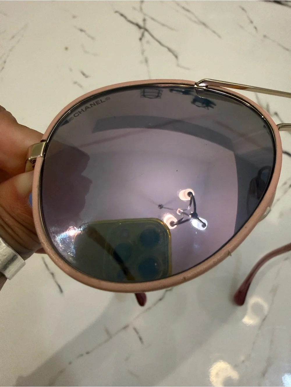 CHANEL Aviator Gold Frame Sunglasses with Pink Leather Trimming & Lenses